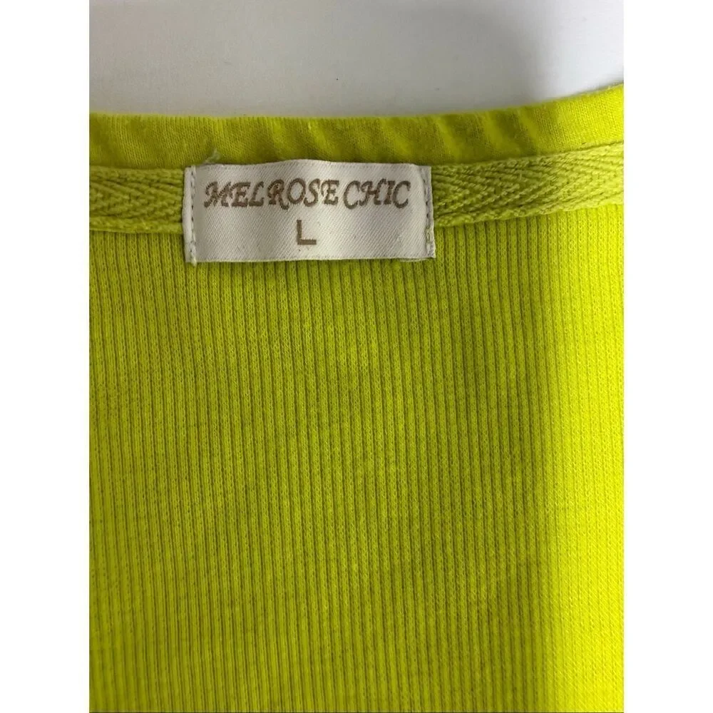 Melrose Chic Women’s Cardigan Size L Neon Green Ribbed Button Front Stretch Top